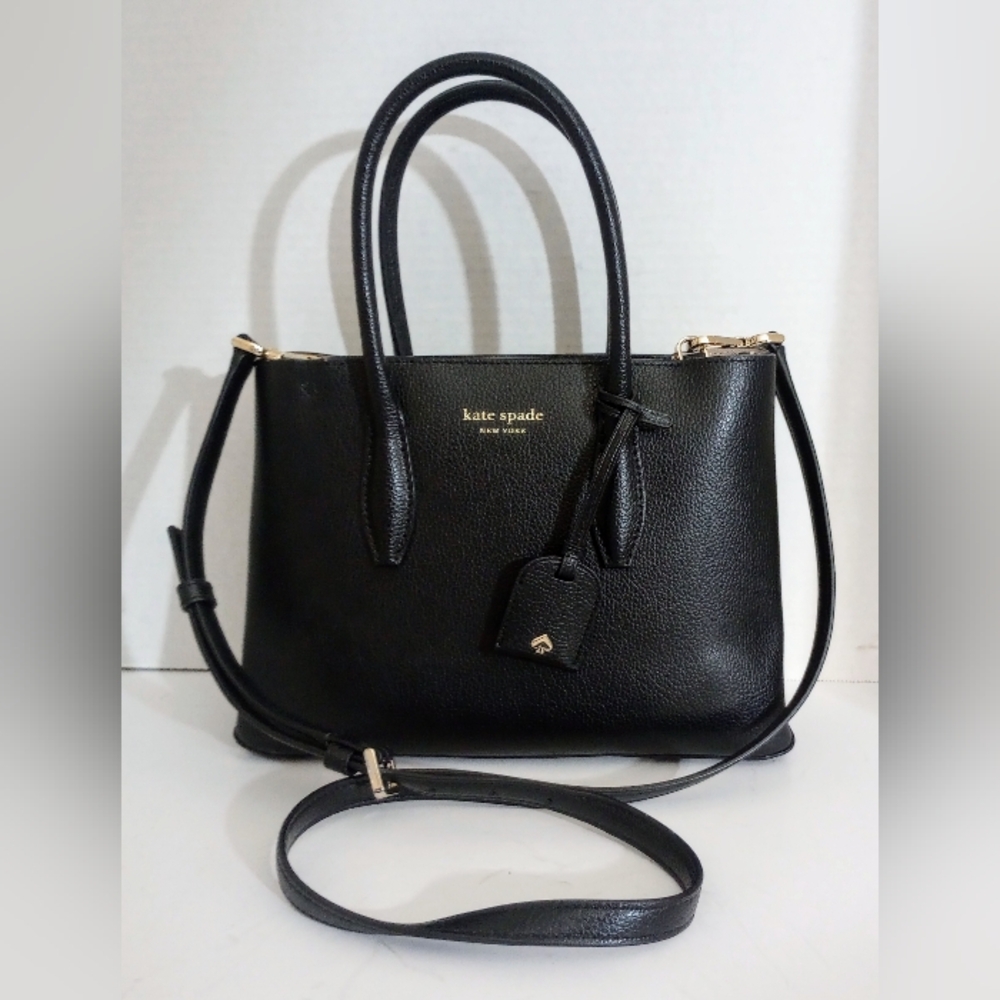 Kate Spade Black Leather Eva Satchel Crossbody Purse, Bag Charm